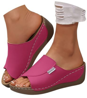 Ciabatte Ortopediche Donna, Ciabatte Ortopediche Donna Estive Sandali Estivi Eleganti con Zeppa Antiscivolo per Fascite Plantare Pantofole Aperte in Pelle Morbida con Tacco Basso Comode Fucsia 38