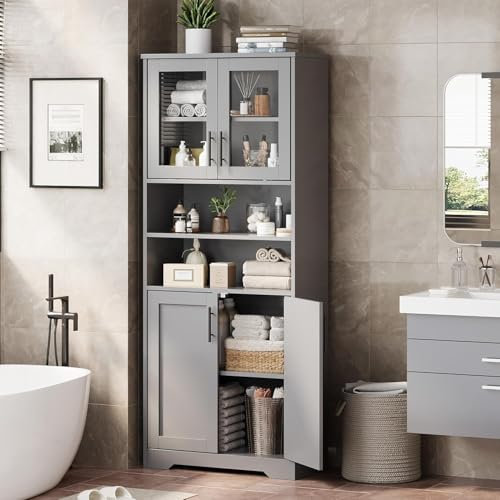 Armoire de Salle de Bain Haute, Meuble de Rangement autoportant avec Portes vitrées et étagères réglables, Armoire de Rangement Moderne pour Cuisine, Garde-Manger et Salon, (170x62X30cm) Gris