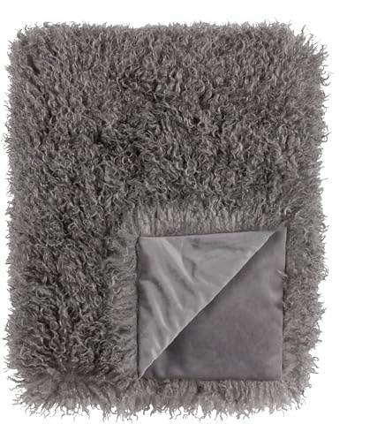 furn. Rowan Throw – Soft Faux Fur Mongolian Style Decorative Blanket with Velvet Reverse (Grey - 130x175cm)
