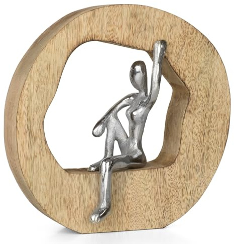Moritz Reflection 20 cm Silber – Mangoholz Dekofigur Skulptur sitzend Frau | Aluminiumfigur auf Naturholzring, Handarbeit und Unikat, für Regal, Kommode und Büro, feine Geschenkidee zum Muttertag