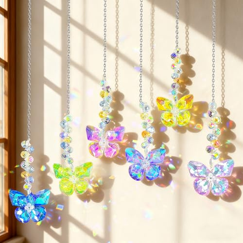 YeahBoom Sonnenfänger Kristall Fenster,6 Stück Schmetterling Kristall Anhänger Deko,Fensterdeko Hängend,Regenbogen Sonnenfänger Kristal,Regenbogen Kristalle Anhänger