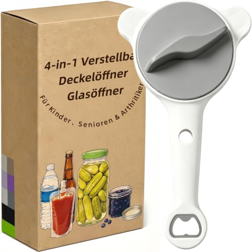 Deckelöffner | 4-in-1 Multifunktions Glasöffner Verstellbar 2.5-9 cm | Für Senioren & Arthritis | Leicht Öffnen von Gläsern, Flaschen & Schraubverschlüssen | Küchenhelfer mit Hebelwirkung (Grau)