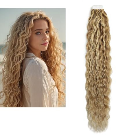 Larafona Tape Extensions Echthaar Loose Curly, Blond Highlights Braun, Natürliche Welle Remy Haar mit Band P8/613# 20pcs, 50g 14inch/35cm