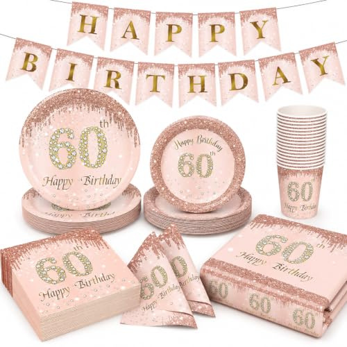 Yuaerbuo 98 PCS (24Set) 60th Birthday Plates and Napkins, 60th Birthday Table Cloth, Rose Gold Paper Plates Set, Pink Table Decorations for Girls, Party Plate Cups and Napkins, Tablecloth, Banner (60)