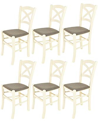 Tommychairs - 6er Set Stühle CROSS für Küche und Esszimmer, Robuste Struktur aus lackiertem Buchenholz in der Anilinfarbe Weiss und gepolsterte Sitzfläche mit Stoff in der Farbe Rehbraun bezogen