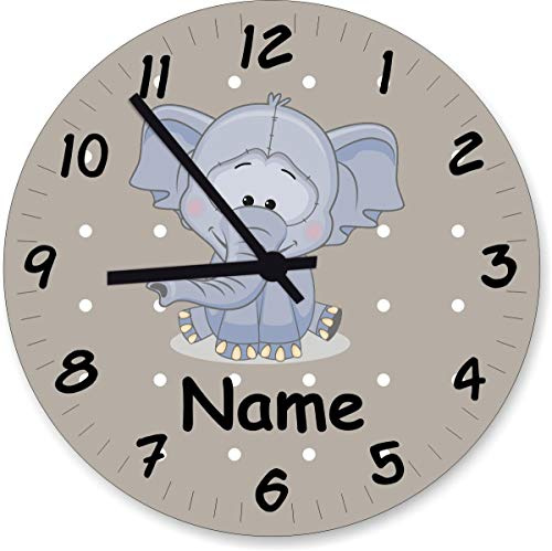 Shirtinstyle Wanduhr Kinderzimmeruhr Elefant mit Wunschnamen Geschenk Uhr Kinder Handmade, 29cm, Farbe Pastellbeige
