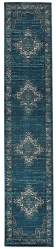RugVista, Vintage Vega, Teppich, Kurzflor Teppich, 80 x 400 cm, Läufer, Modern, Oeko-Tex Standard 100, Polyester, Flur, Schlafzimmer, Küche, Wohnzimmer, Petrol/Türkis, Dunkelblau