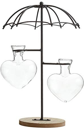 TJ Global Regenschirm Doppel-Glas-Herz-Vase Pflanzgefäß-Halter, Pflanzenterrarium, Anzuchtstation, Metallständer für Hydrokulturpflanzen, Zuhause, Garten, Hochzeit, Dekoration, Ideen, modern kreativ