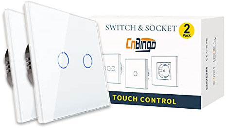 2er-Pack CNBINGO Wechselschalter unterputz - Touch Lichtschalter zweifach - Wandschalter Weiß - Berührungsschalter mit Glas Panel und Status-LED - 800W/Fach