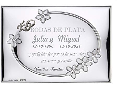 Curia Grabador - Placa Conmemorativa 25 Aniversario | Regalo Bodas de Plata Personalizado | Grabado Personalizado con Nombres y Fecha, Dedicatoria Especial. Modelo Relieve