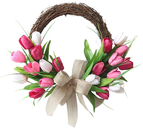 Baitang Artificial Pink Tulip Wreath 40 CM Silk Tulip Wreath Half Coverage Spring Summer Wreath Welcome Wreath for Front Door with Green Leaves & Burlap Bow