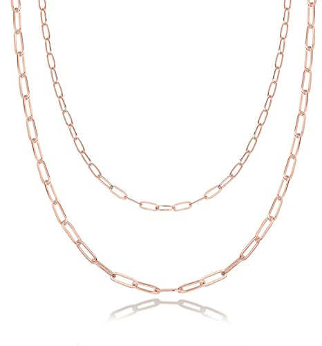 PAVOI 14K Gold Plated Layered Paperclip Necklace | Double Linked Paper Clip Design | Layering Necklaces for Women | Everyday Jewelry (Rose Plated)