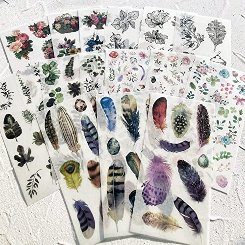 Vintage Rose Bouquet Sticker Botanical Leaf Black Ink Line Branch Watercolor Flowers Feather Decorative Retro Decal Self-Adhesive Aesthetic Stickers for Scrapbooking Planner Journal Art Crafts DIY
