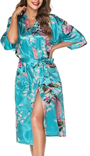 Lovasy Bademantel Damen Satin Japanisch Kimono Jacke Damen mit Gürtel Sexy Morgenmantel Leicht Pyjama für Hochzeit Braut Party,Lake Blue,L
