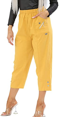 AFR Women Capri Trousers Cropped Pants Ladies 3/4 Three Quarter Length Stretch Pull On Elasticated UK Size 10-24 (Mustard, 16)