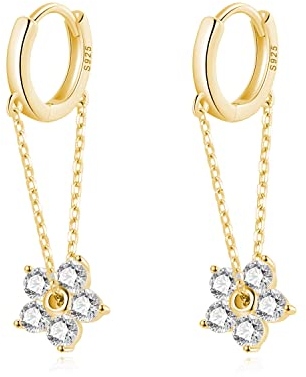 SLUYNZ Sterlingsilber CZ Blume Dangle Ohrringe Kette für Frauen Damen Flower Drop Hoop Ohrringe Quaste (B-Gold)