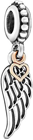 S925 Sterling Silver Angel Wings Charm fits Pandora Moments Charms Bracelet Feather Wing Birthday Gift for Women Her Wife Daughter Mum Nan Sister Girlfriend Christmas (Rose Gold Heart)