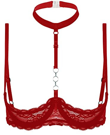 CHICTRY Womens Mesh Sheer Lace 1/4 Cups Bralette Push Up Underwire Shelf Bra Tops Everyday Bras 2# Red L