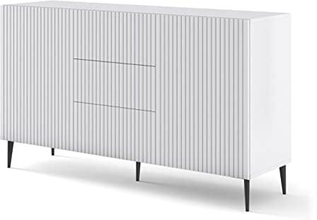BIM Furniture Kommode Ravenna B 2D3S 150 cm mit gefräster Front Hochwertiges MDF, Sideboard, Buffet auf Schwarze Metallstiftbeinen, 2 Schränke, 3 Schubladen (Weiß Matt)