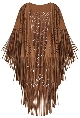 Minetom Damen Poncho Capes Vintage Offene Front Wildleder Cardigan Sommer Boho Quaste Strand Cover Up Schal Jacke Mantel