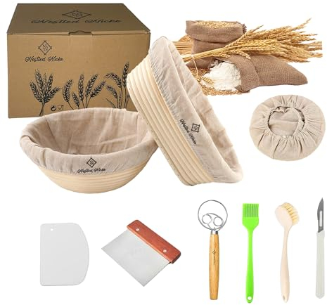 Nestled Niche Bread Proofing Basket, Tools and Accessories with Bread Bowls for Rising and Baking, Cane Wicker Banneton and Round Bread Scraper