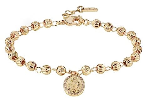 HZMAN 14K vergoldet Jungfrau Maria Rosenkranz Perlen Armband Dainty Jungfrau von Guadalupe verstellbare Link Armbänder für Damen Party Hochzeitsschmuck Geschenk