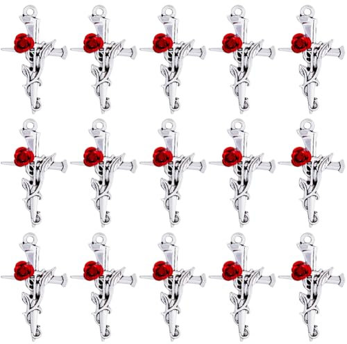SUNNYCLUE 1 scatola 30 pezzi Ciondoli Croce Stile Barocco Perline Fiore Rosa Rossa Ciondolo Croce Foglia Cardi Spine A Forma di Fantasia Argento Antico Crocifisso Ciondoli per Gioielli Creazione di Ci