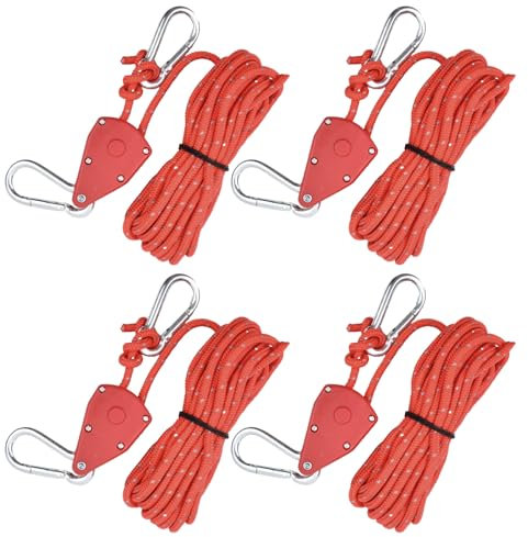 4pcs Reflective Tent Guy Ropes, 4mm Tent Camping Cord with Pulley, Heavy Duty Guide Rope with Aluminum Adjuster, Tent Guy Ropes Lines for Awning Outdoor Camping Gazebo Hiking Picnics (Red)