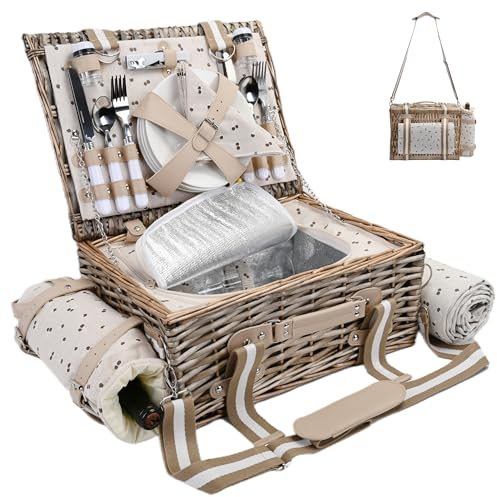 Picknickkorb-Set für 4 Personen mit isoliertem Futter und wasserdichter Decke, Weinbeutel, großer Weidenkorb für Camping, Outdoor, Valentinstag, Weihnachten für Paare, Kirschkaffee