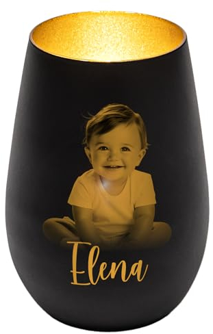 Elements Windlicht personalisiert mit Wunschfoto und Wunschname | Schwarz/Gold | Teelicht-Halter mit Gravur | Kerzenhalter | Geschenkidee für Frauen und Männer zu Weihnachten