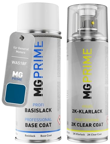 MG PRIME Autolack 2K Spraydosen Set für General Motors WA518F Medium Gulf Blue Metallic Basislack 2 Komponenten Klarlack Sprühdose