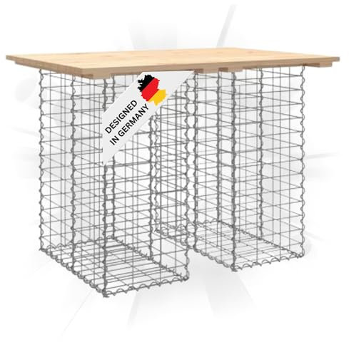 DELUKE Gartenbank Gabionen TELLE aus Stahl | 100x70x72cm Kiefernholz Natur, 30cm Gabionenbreite | Gabionenbank Gartentisch aus Gabionen Steinkorb Gabionengitter Ziergabione Drahtkorb befüllbar