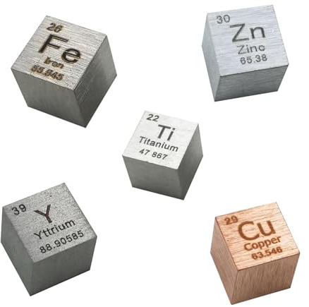 Metall-Elemente-Würfel, Element-Würfel-Set, 10 mm Dichte, Würfel aus Metall, Periodensystem, Kupfer, Titan, Eisen, Zink, Yttrium, for Element-Sammlungen, Hobbys, 5 Stück