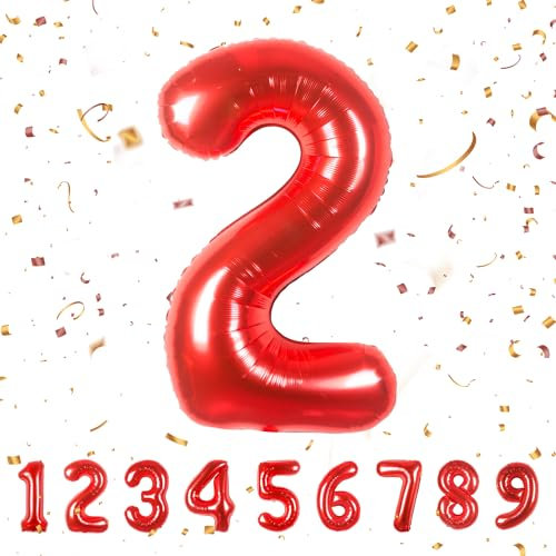 balloon Geburtstag zahlen Rot luftballon 2 jahre | Folienballon 2 -für Mädchen Junge Folienballon in 40Geburtstagsdeko - Kindergeburtstag Ballon Zahl Deko Geburtstag - fliegt mit Helium