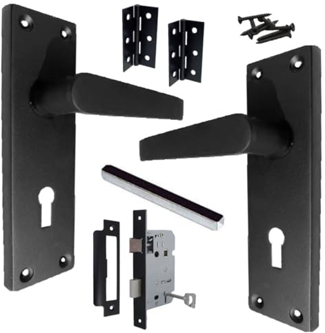 Betley Butterfly Victorian Straight Handle Matt Black Lever Lock Door Handles +3 Lever Lock Set with 1 Pair of 3 Hinges, 154mm x 41mm Backplate