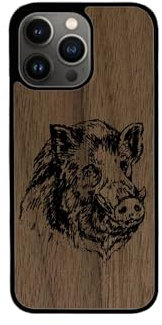 Enowood Coque en Bois de téléphone Iphone Artisanale - Sanglier 2 - Iphone 11 Pro - Noyer