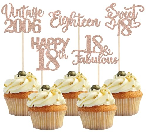 30 Stück Vintage 2007 Cupcake Toppers Glitzer Happy 18th Geburtstag Tortendeko Cheers to 18 Fabulous Eighteen Kuchen Deko für 18th Geburtstag Hochzeit Jahrestag Party Rosegold