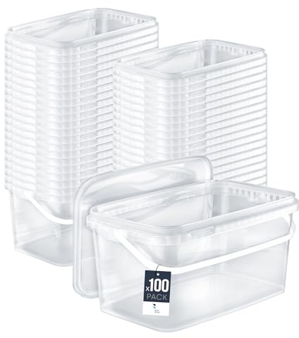 BenBow Rechteckiger Eimer mit Deckel 100x 5l transparent - lebensmittelecht, stapelbare Kunststoffbox mit Henkel - luftdicht, auslaufsicher, geruchsneutral, ideal für Haushalt und Gewerbe - leer