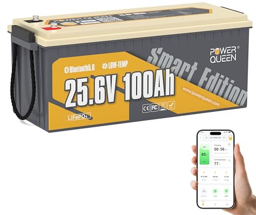 Power Queen Bluetooth 5.0 Batterie Lithium 25,6V 100Ah, Batterie LiFePO4 avec BMS 100A, Cycles Profondes, pour Camping, Caravane, Voyage, Marine, Système Solaire