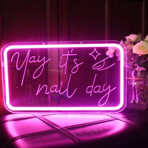 Yay It's Nail Day Neon Sign Nail Neon Light Pink LED Sign Letter Neon Light Up Sign for Nail Salon Beauty Salon Makeup Room Decoration
