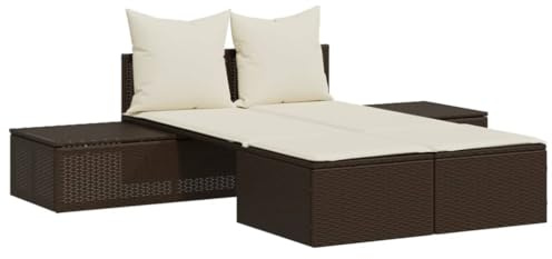 vidaXL Doppel Sonnenliege, Gartenliege mit Auflagen, Doppelliege für Außenbereich, Relaxliege Sonnenbett Gartenmöbel, Braun Poly Rattan