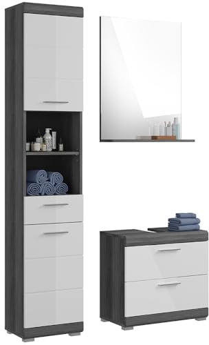 Lomadox Badezimmermöbel Set 3-teilig Badezimmerschrank Waschbeckenunterschrank Hochschrank Spiegel modern in Hochglanz weiß mit grau