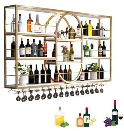Metal Wine Rack Bar Shelves Wall Mounted with Hanging Wine Glass Rack Holder Mini Bar Liquor Bottle Display Shelf Whiskey Shelf Alcohol Cabinet Kitchen Storage Shelves for Home Bar Cafe Restaurant