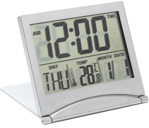 SMCEHEYA Digital Clock with Date and Day, Travel Alarm Clock Battery Operated, Foldable Desk Clock with LCD Display - Digital Alarm Clock for Travel Home Use, Silver