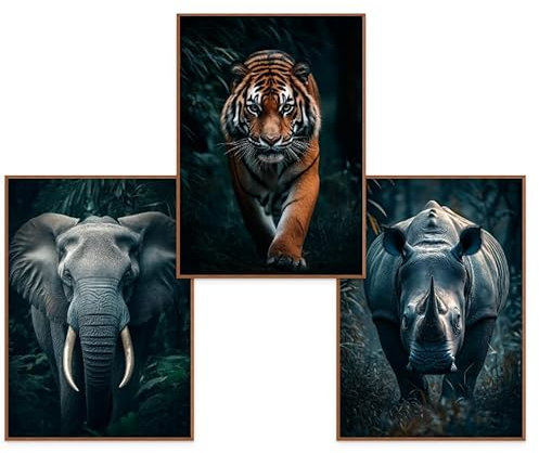 GrowArt - 3er-Poster mit einem Tiger, einem Nashorn und einem Elefanten | A3-Format ohne Rahmen | hochwertiger Fotodruck | Wanddekoration für Tierfreunde |