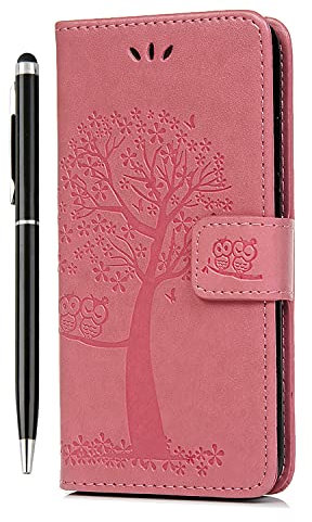 for Motorola E15 Case MOTO G05 Case Flip Premium Wallet Phone Case Shockproof PU Leather Owl Tree Magnet Cover for Motorola MOTO E15/ G05 with Kickstand Card Holder & 1 Touch Pen Pink