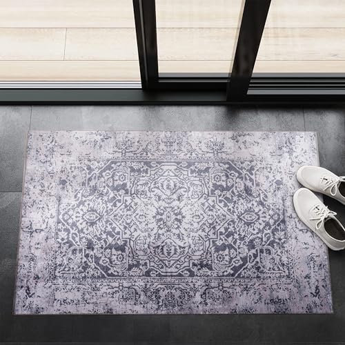 NETLINE HOME Teppich Wohnzimmer - Waschbarer - Teppich Rutsch Stop - rutschfeste Teppiche Aus Baumwolle Gewebt - Vintage Boho Teppich Für, Schlafzimmer Küche Flur Und Salon (GRAU, 60X90)