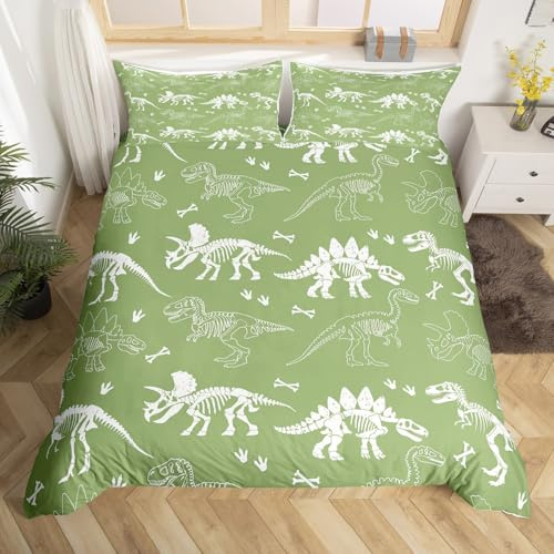 meiyoeat Dinosaur Bones Duvet Cover Queen Size Kids Jungle Dino Fossils Comforter Cover for Boys Girls Teens Wild Animals Bedding Set Breathable Green White Bedroom Decor Bedclothes