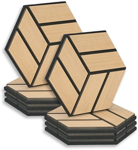 Homestyle4u 8X Hexagon Wandpaneele 30x26 cm Natur Akustikpaneele Holz | Schallschutz Deko Set aus MDF & Filz, Eichenholz Optik, 3D Waben Design Wanddekoration, Schalldaemmung fuer Buero & Wohnen