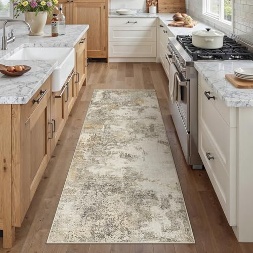 PureCozy Waschbarer Abstraktes Teppich 60x180 cm, Teppichläufer Flur Braun-Grau rutschfest für Wohnzimmer Schlafzimmer Balkon LäUfer KüChe Esszimmer BüRo Flach, Indoor Modern Weicher Kurzflor Carpet
